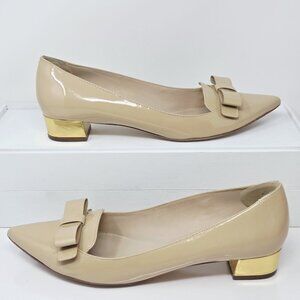 Kate Spade Nude Patent Leather Bow Pumps Heels Women's 9.5 Office **SEE HEEL PAD